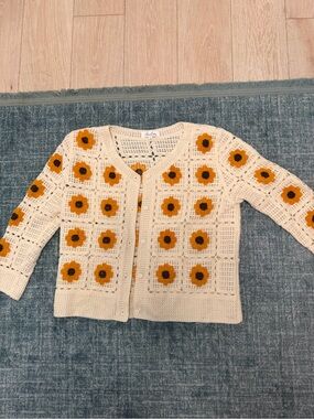 Cream Crochet Cardigan with Mustard Floral Squares